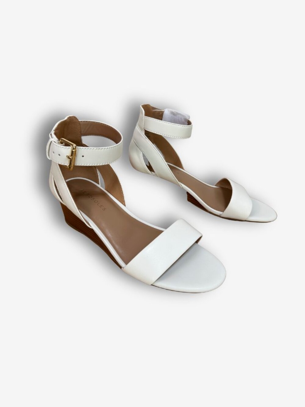 Aerosoles Cream White Leather Ankle Strap Low Wedge Sandals Wide Width 7.5W